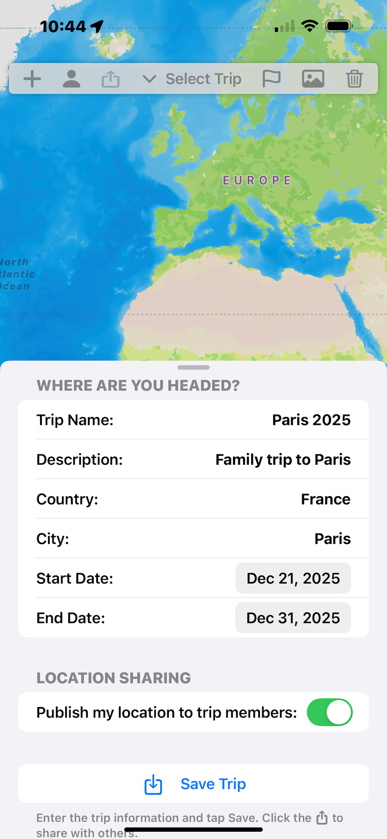 Travel Sage new trip creation screen